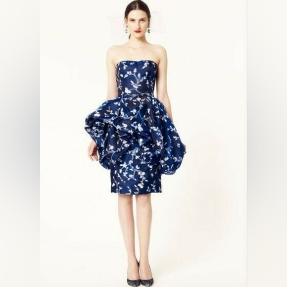 $4,800 OSCAR DE LA RENTA COUTURE STUNNING BLUE WHT FLORAL RUNWAY DRESS US XS 0 - Picture 13 of 14